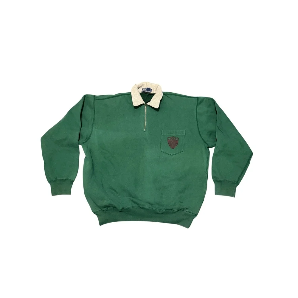 Vintage Polo Ralph Lauren Quarter Zip Sweatshirt Green Crest Patch Mens Large